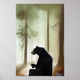 Bear Drinking Coffee in the Woods Poster