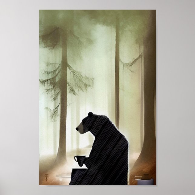 Bear Drinking Coffee in the Woods  Poster (Front)