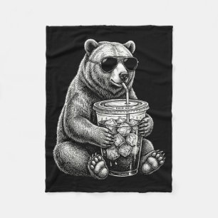 Bear Drinking Iced Coffee Funny Animal Meme Men Fleece Blanket