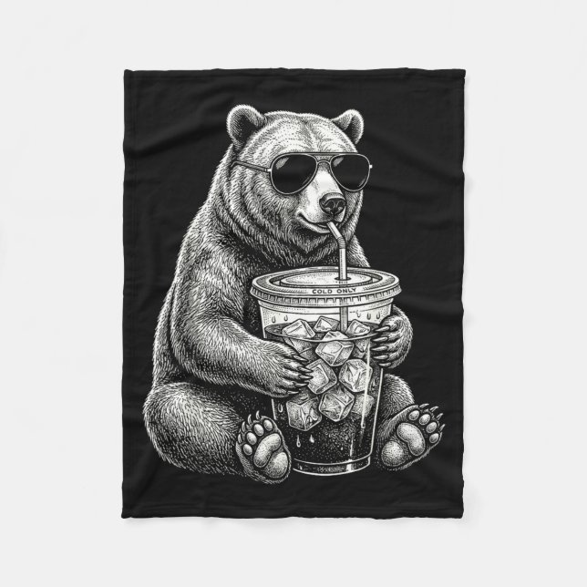 Bear Drinking Iced Coffee Funny Animal Meme Men Fleece Blanket (Front)