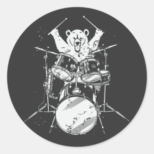 Bear Drummer Playing Drums Classic Round Sticker