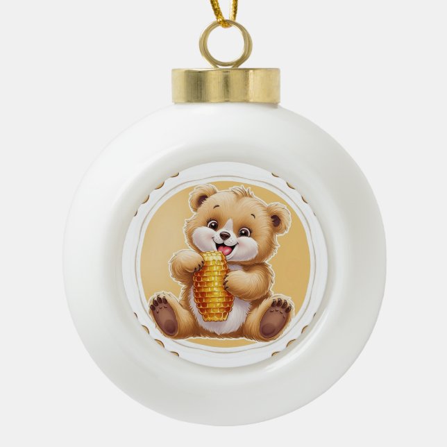 bear eating honey ceramic ball christmas ornament (Front)