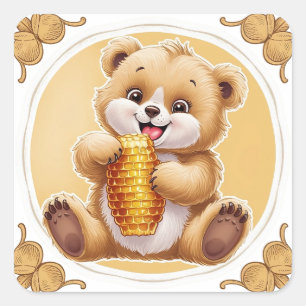 bear eating honey square sticker