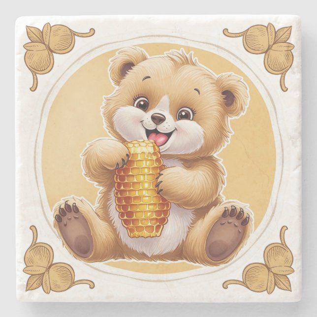 bear eating honey stone coaster (Front)