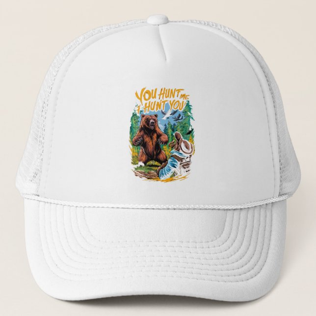 Bear Encounter in the Woods Funny Bear Hunting  Trucker Hat (Front)