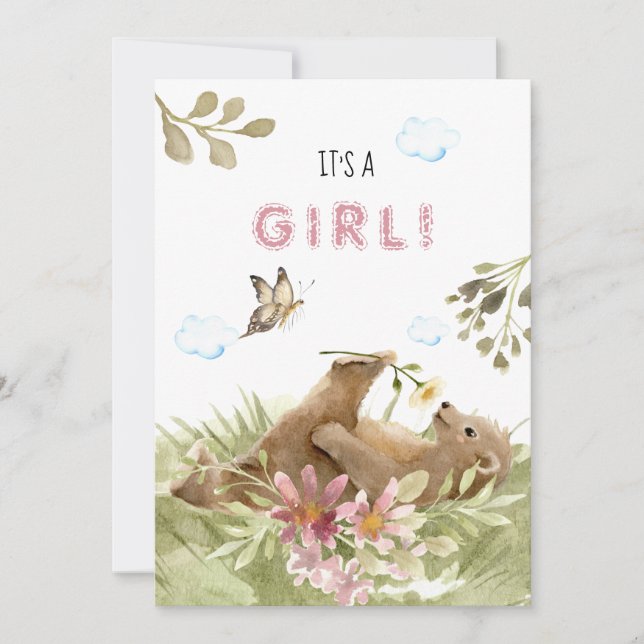 *~* Bear Enjoying Flower Baby Girl Shower Invitation (Front)