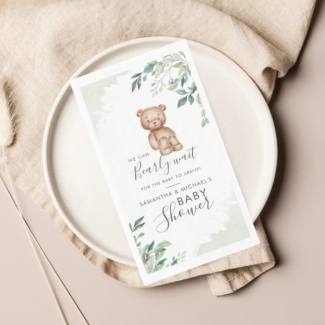 Bear Eucalyptus Leaves Couples Baby Shower Napkin (Bearly Wait Bear Woodland Animal Baby Shower Guest Towel Napkin)