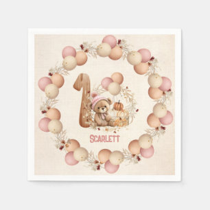 Bear Fall Beary 1st Birthday Girl Paper Napkins