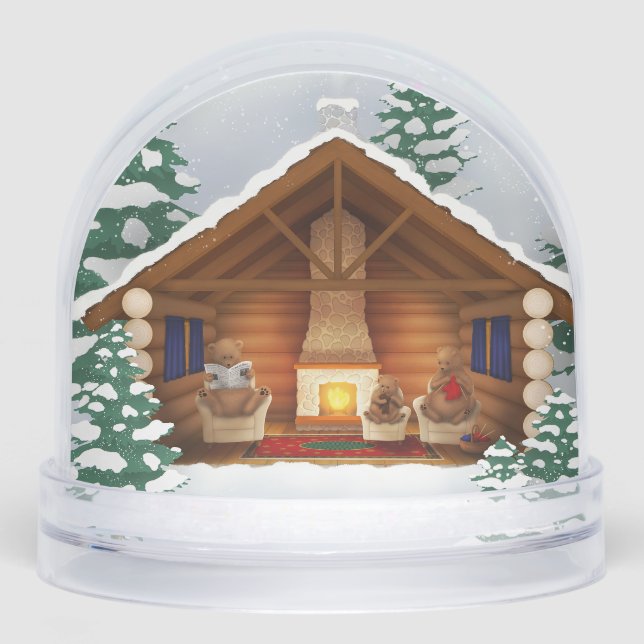 Bear Family At Home Rustic Winter Log Cabin Custom Snowglobe (Front)