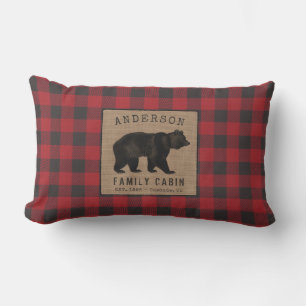 Bear Family Cabin Red Buffalo Plaid Burlap Outdoor Lumbar Cushion