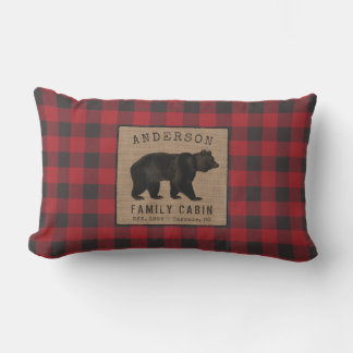 Bear Family Cabin Red Buffalo Plaid Burlap Outdoor Lumbar Cushion