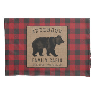 Bear Family Cabin Red Buffalo Plaid Burlap Pillowcase