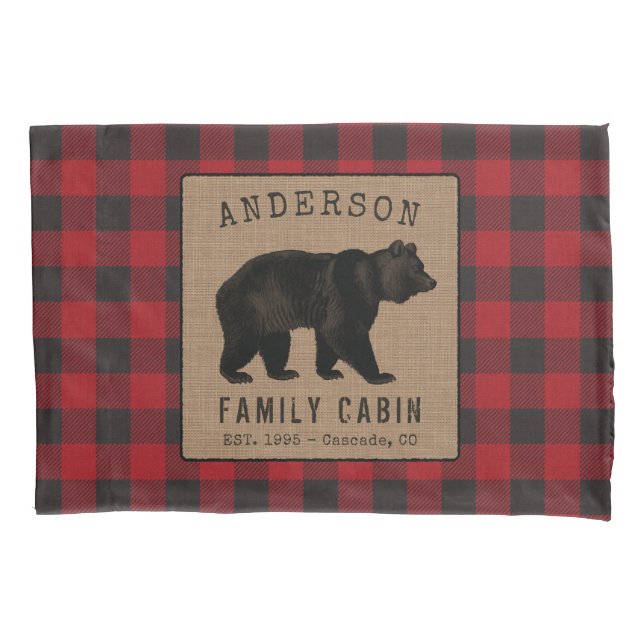 Bear Family Cabin Red Buffalo Plaid Burlap Pillowcase (Front)