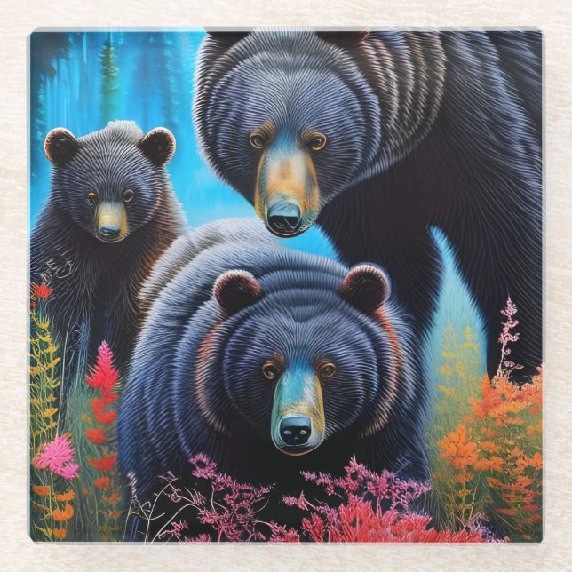Bear family collage glass coaster (Front)