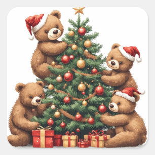 Bear Family Decorating Christmas Tree Together Square Sticker