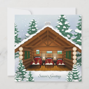 Bear Family in Cosy Log Cabin Holiday Card