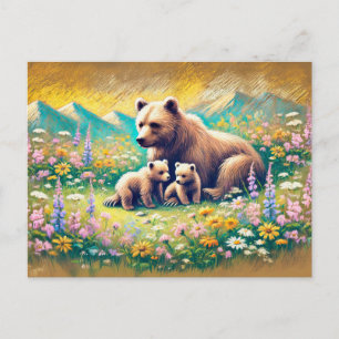 Bear Family in Mountain Meadow Pastel Chalk Drawin Postcard