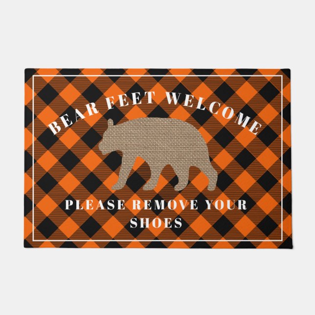 Bear Feet Welcome Remove Shoes Orange Plaid Doormat (Front)