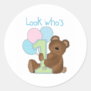 Bear First Birthday Blue Classic Round Sticker