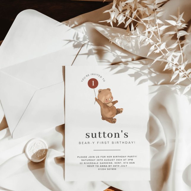 Bear First Birthday Invitation Rust Balloon (Creator Uploaded)