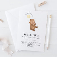 Bear First Birthday Invitation Yellow Balloon