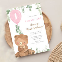 Bear first birthday pink greenery girl balloons