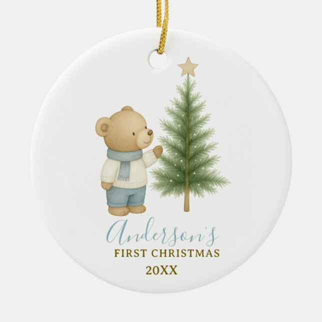 Bear First Christmas Keepsake for Baby Boy Ceramic Ornament (Front)