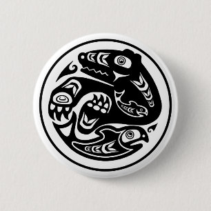 Bear & Fish Native American Design 6 Cm Round Badge
