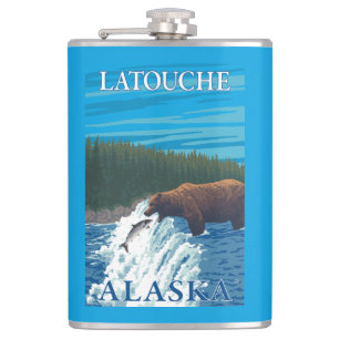 Bear Fishing in River - Latouche, Alaska Hip Flask