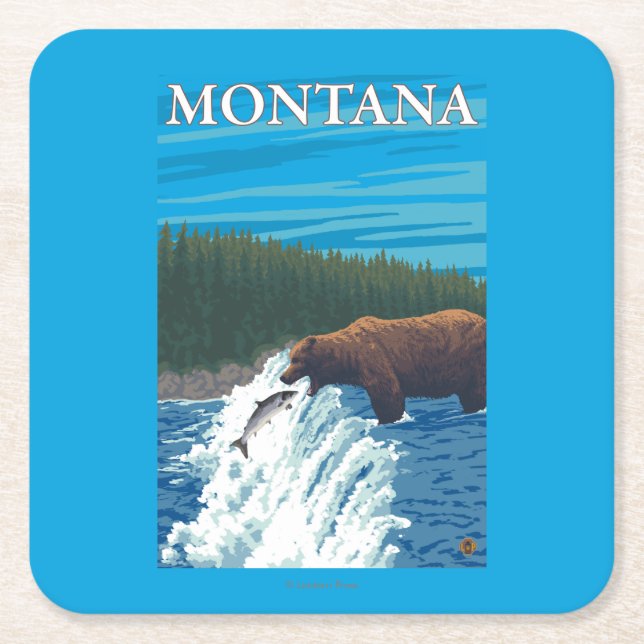 Bear Fishing in River - Montana Square Paper Coaster (Front)