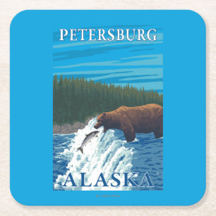 Bear Fishing in River - Petersburg, Alaska Square Paper Coaster