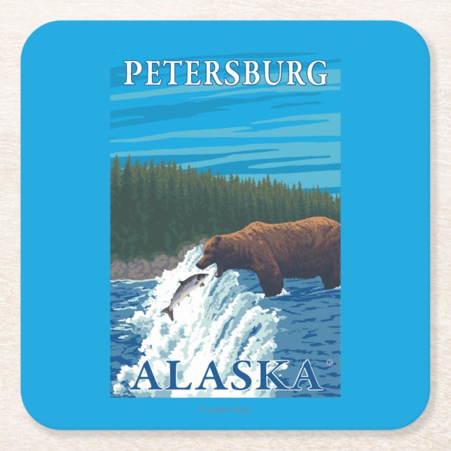 Bear Fishing in River - Petersburg, Alaska Square Paper Coaster (Front)
