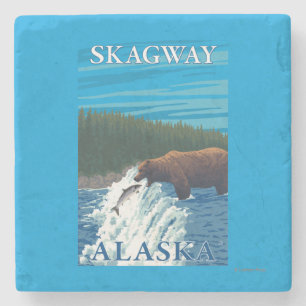 Bear Fishing in River - Skagway, Alaska Stone Coaster