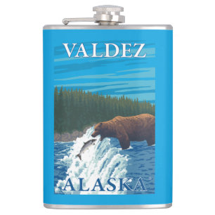 Bear Fishing in River - Valdez, Alaska Hip Flask