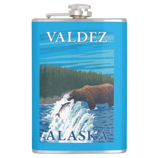 Bear Fishing in River - Valdez, Alaska Hip Flask (Front)