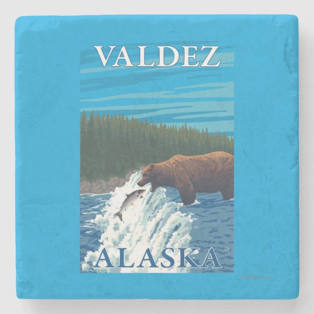 Bear Fishing in River - Valdez, Alaska Stone Coaster (Front)
