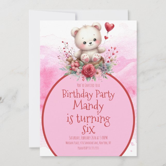 Bear Floral Watercolor Red Birthday  Invitation (Front)