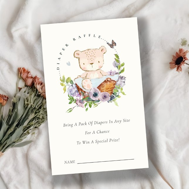 Bear Flower Basket Blue Diaper Raffle Baby Shower Enclosure Card (Creator Uploaded)