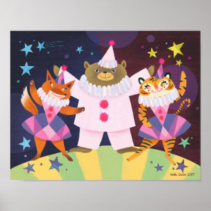 Bear, Fox and Tiger Pierrot Clown Art Print