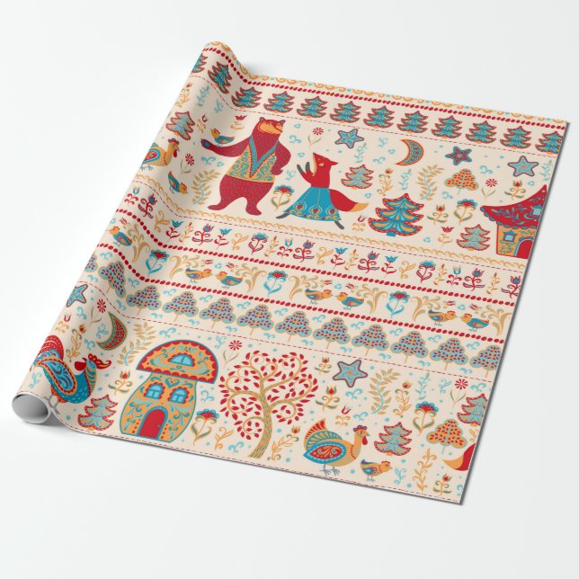 Bear,fox,rooster and chicken with chicken,fairy ho wrapping paper (Unrolled)
