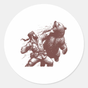 Bear Funny Man Punching Bear Retro Vintage Hunting Classic Round Sticker