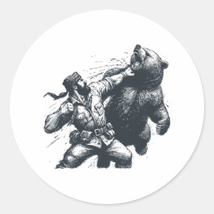 Bear Funny Man Punching Bear Retro Vintage Hunting Classic Round Sticker