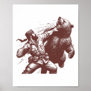 Bear Funny Man Punching Bear Retro Vintage Hunting Poster