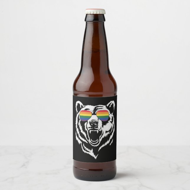 Bear Gay LGBTQ Rainbow Sunglasses Pride Flag Beer Bottle Label (Front)