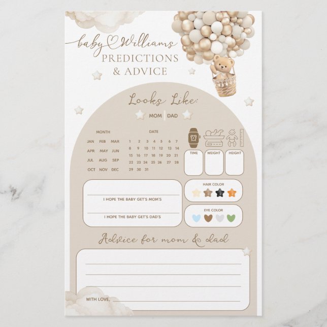 Bear Gender Neutral Baby Shower Prediction Game (Front)