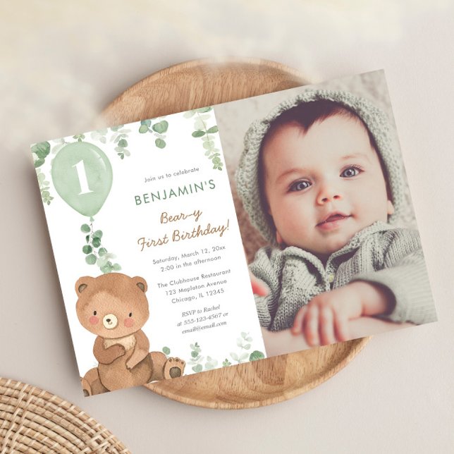 Bear gender neutral green balloons photo birthday invitation (Creator Uploaded)