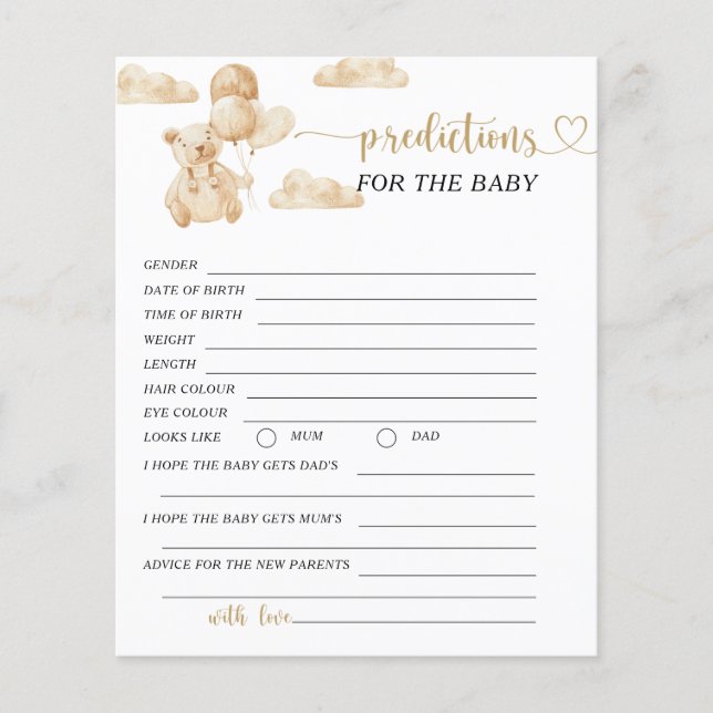 Bear gender neutral prediction for baby card (Front)