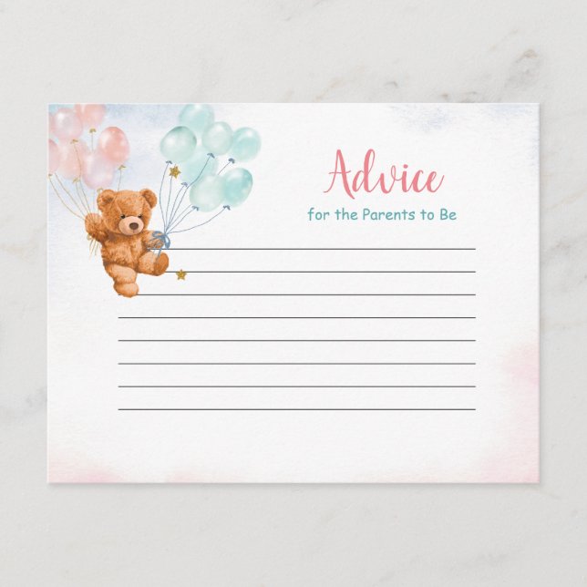 Bear Gender Reveal Balloon Gold Star Advice Card (Front)