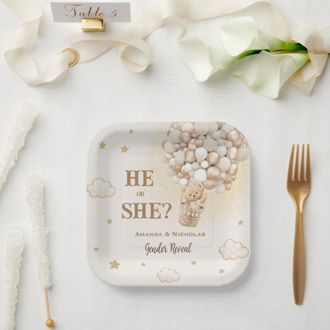 Bear Gender Reveal Boho Minimal Paper Plate (Wedding)