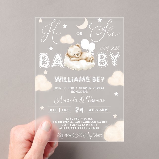 Bear Gender Reveal Neutral Acrylic Invitations (Insitu (Handheld))